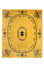 Antique Chinese Art Deco rug, 118x98 inches (300x248 cm), featuring intricate patterns in harmonious blue and yellow tones.